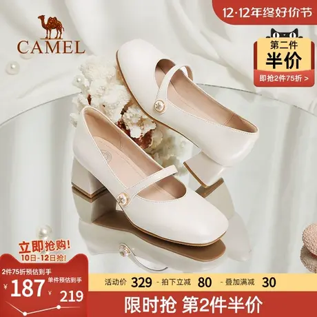 骆驼玛丽珍女鞋2023春秋新款单鞋方头复古高跟鞋英伦风粗跟小皮鞋图片