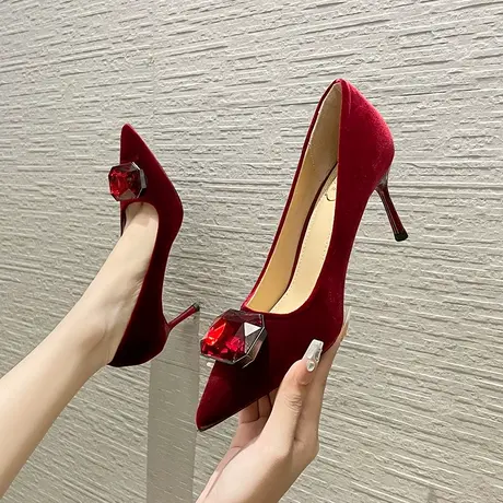高跟鞋女2024年新款春秋季水钻尖头细跟红色设计感小众单鞋不累脚商品大图