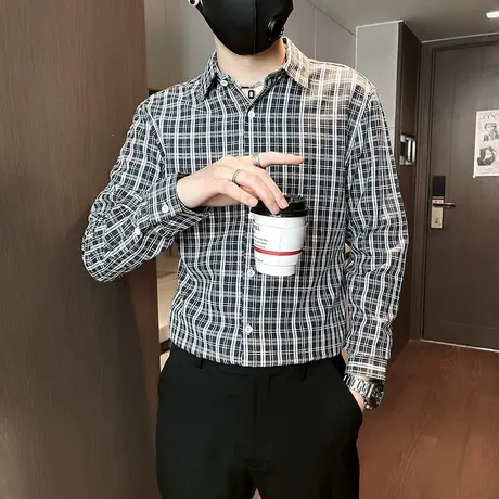 2023新款秋季复古通勤休闲长袖衬衫小格子设计高级感百搭修身衬衣图片