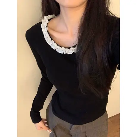 蕾丝花边拼接设计感小众打底衫女2024春季新款修身长袖T恤上衣服商品大图