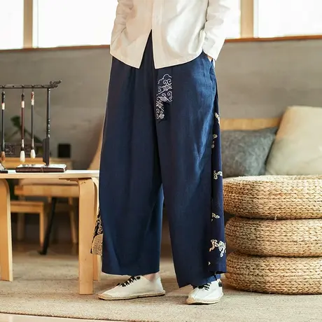 汉服裤子男飘逸古风服装亚麻休闲裤宽松仙气中国风国潮唐装阔腿裤图片