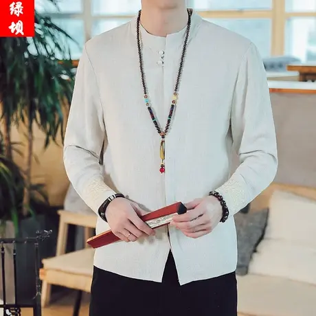 2023中国风袖口刺绣衬衫男装立领开衫衬衣青年长袖上衣服宽松复古商品大图