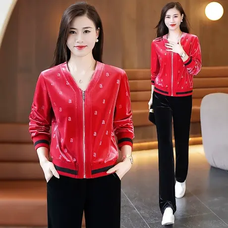 金丝绒直筒裤休闲套装女2024年春装新款洋气减龄V领运动服两件套商品大图