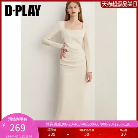 DPLAY2025春季法式白色方领连衣裙气质收腰修身主持人裙子长裙女商品大图