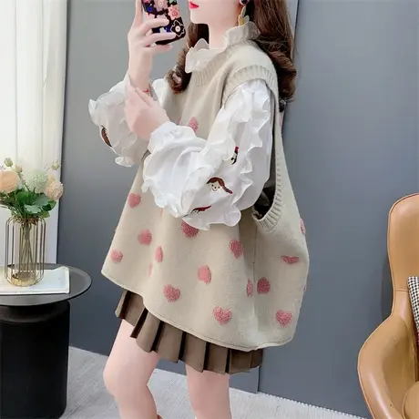 甜美温柔风爱心提花圆领针织马甲背心女春季2024新款软糯无袖坎肩图片