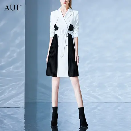 AUI欧洲站黑白撞色风衣外套女2023早秋新款欧美风气质中长款大衣商品大图