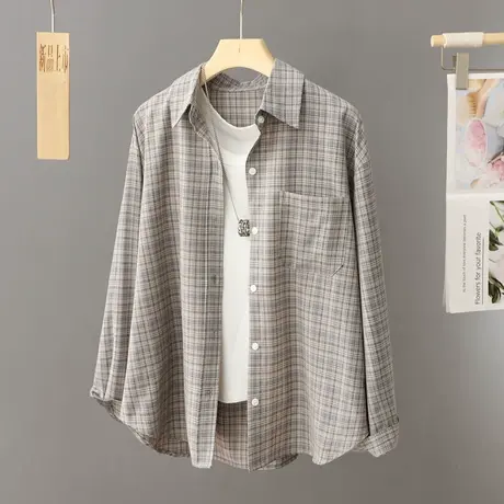 初早春纯棉格子衬衫女打底衫长袖开衫学院风复古衬衣薄外套上衣潮商品大图