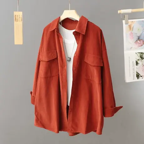 休闲宽松叠穿衬衫女外套2024新款港味Polo领上衣外搭长袖纯棉衬衣图片