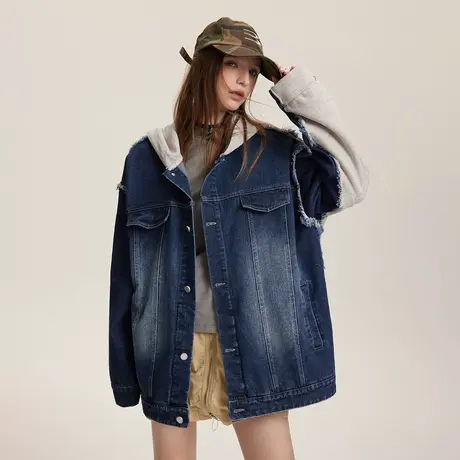 潮牌设计感拼接连帽牛仔外套女春季2024新款做旧毛边情侣夹克上衣商品大图