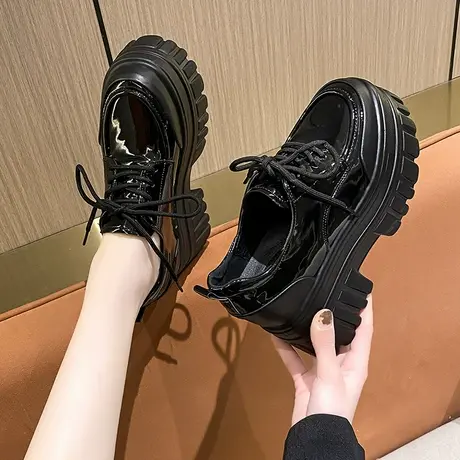 内增高女鞋2024年春季新款小皮鞋女英伦风黑色系带厚底松糕单鞋子商品大图