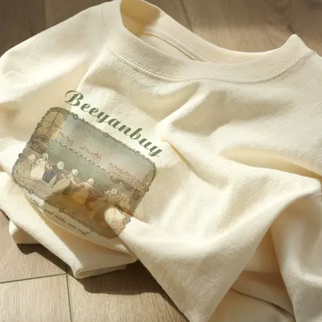 纯棉短袖t恤女夏季2023新款设计感小众港风chic复古宽松半袖上衣图片