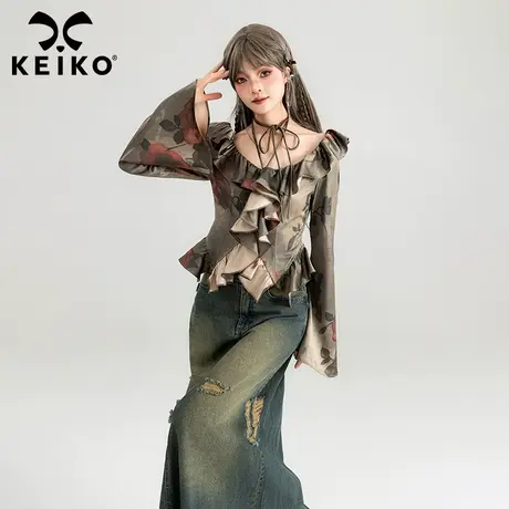 KEIKO 凡尔赛玫瑰花衬衫2024春夏法式气质荷叶边显瘦缎面上衣小衫商品大图