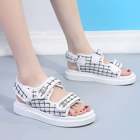 网红运动凉鞋女2020夏季新款韩版时尚厚底休闲百搭小香风露趾凉鞋商品大图