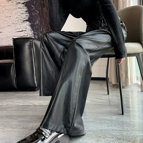 黑色高腰pu皮阔腿裤女春季2024新款宽松显瘦直筒休闲辣妹皮裤长裤商品大图