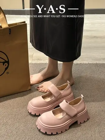 小皮鞋女2024年新款粉色甜美魔术贴百搭粗跟高跟增高玛丽珍鞋单鞋商品大图