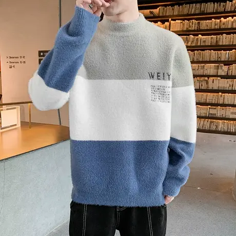 港士博秋冬季条纹撞色圆领套头毛衣男潮流情侣装加厚针织衫外套商品大图