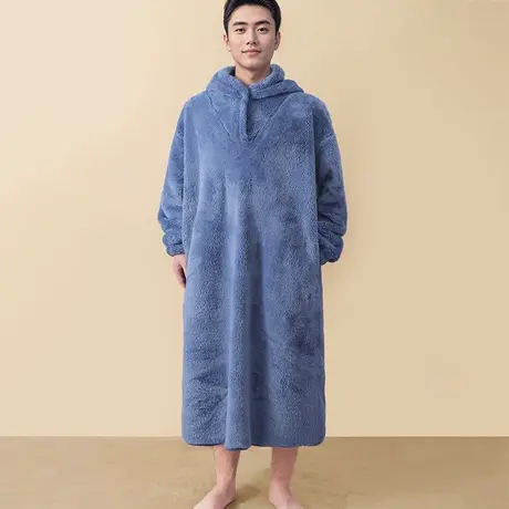 珊瑚绒连帽长款睡袍男有口袋套头长袖连体睡裙冬商品大图
