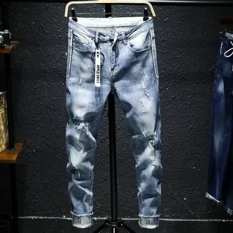 夏季日系破洞九分牛仔裤男小脚毛边男士修身乞丐裤子学生韩版潮牌商品大图