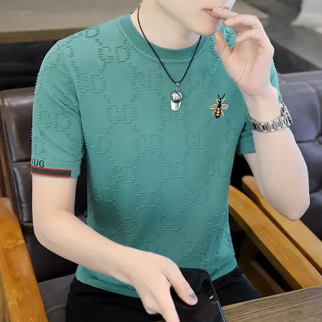 冰丝圆领短袖t恤男士薄款蜜蜂刺绣针织百搭体恤衫夏装半袖上衣男T商品大图