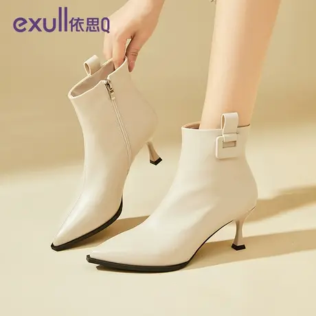 依思q靴子女2023新款切尔西短靴女秋冬季法式白色尖头细跟瘦瘦靴商品大图