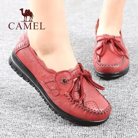 Camel/骆驼女鞋春夏季新款品真羊皮平底舒适中口年休闲妈妈单鞋子图片
