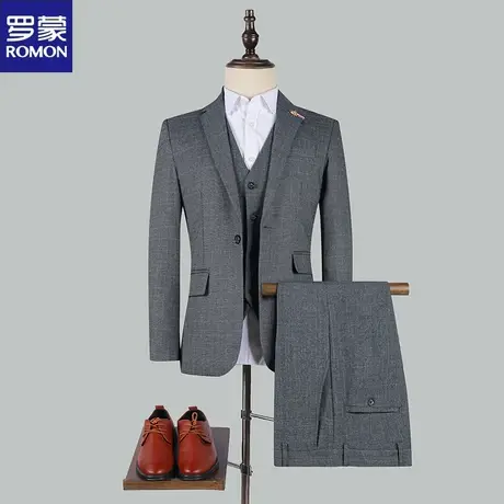 罗蒙格子新郎西服套装男三件套修身商务西装韩版休闲结婚礼服婚礼图片