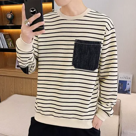 春装长袖t恤男士2023新款韩版宽松体恤衫个性条纹打底衫青年卫衣商品大图