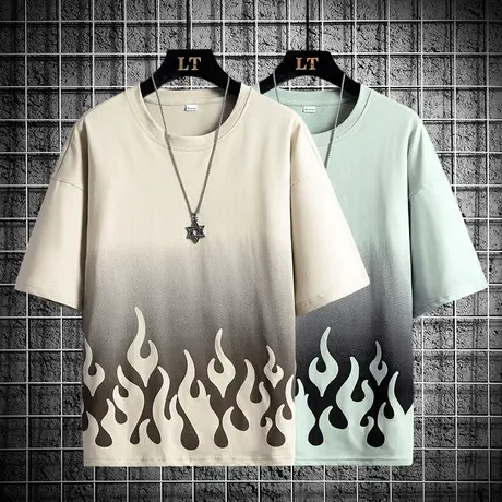 渐变色印花t恤男士短袖夏季纯棉五分半袖男潮牌ins青少年圆领体恤商品大图