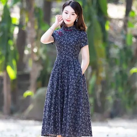 筠雅改良棉麻旗袍连衣裙女夏季年轻款高端气质短袖碎花复古裙子商品大图