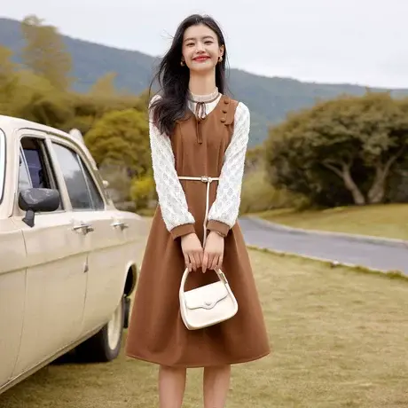 时尚气质淑女拼接连衣裙2022年冬季新款温柔甜美中长款显瘦裙子图片