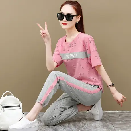 时尚休闲运动服套装女2022夏季新款宽松短袖九分裤洋气跑步两件套商品大图