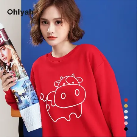 Ohlyah品牌 牛年本命年衣服红色卫衣女情侣装宽松圆领学生新年装商品大图