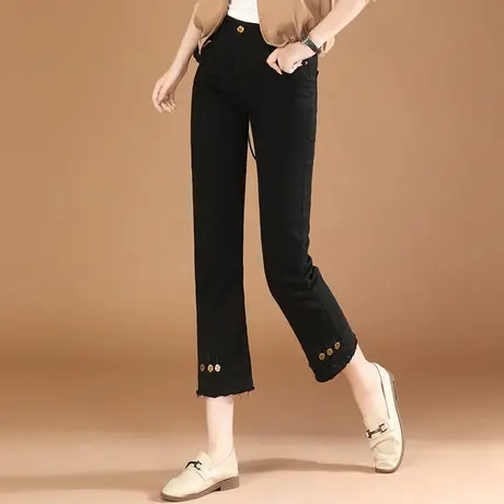 韩潮袭人高腰牛仔裤女秋季2023新款九分宽松直筒黑色微喇烟管裤子商品大图