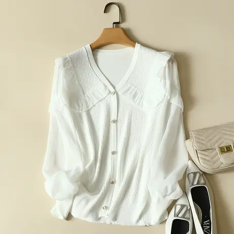 秋装2023年新款雪纺袖冰丝针织假开衫女长袖上衣宽松打底衫女洋气商品大图