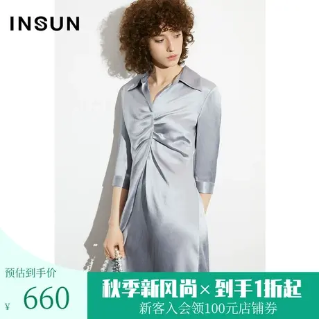 恩裳COVER2023夏季新款高级浅灰舒适缎面立体褶皱翻领醋酸连衣裙图片