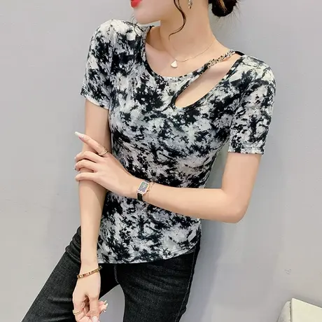 网红扎染短袖T恤女夏装设计感小众辣妹上衣不规则镂空性感小衫ins商品大图