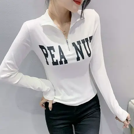 女装2023新款潮个性拉链上衣长袖修身百搭显瘦T恤网红内搭打底衫商品大图