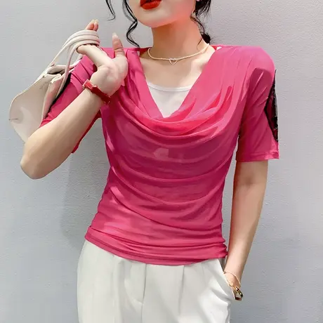 假两件拼接T恤女短袖2023夏季新款百搭小衫ins设计感荡领气质上衣商品大图