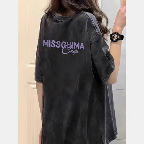 水洗做旧复古纯棉夏季短袖t恤女款宽松t恤美式重磅高街爆款上衣商品大图