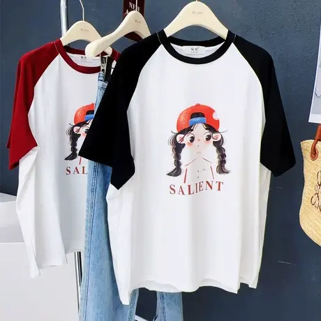 中长款遮屁股上衣2023夏新款韩版chic小众油画风拼色宽松半袖T恤商品大图
