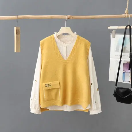 带口袋针织马夹背心女学生韩版宽松2023新款春秋毛衣马甲坎肩上衣图片