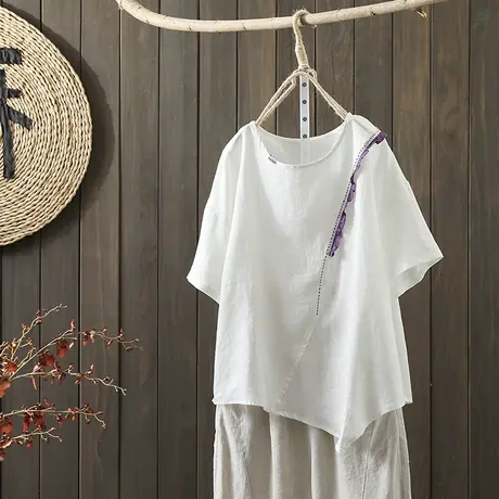 枫谜2021年夏季新款文艺简约花边拼接棉麻短袖T恤女宽松亚麻上衣图片