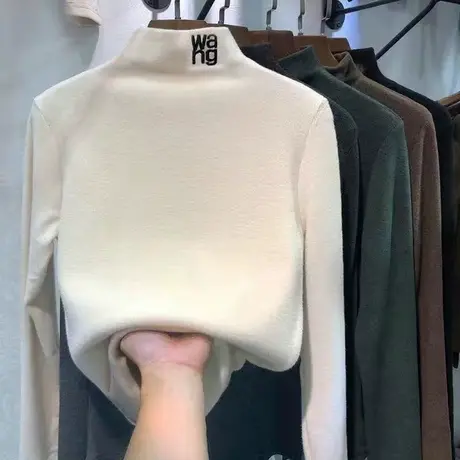 半高领加绒磨毛德绒打底衫女秋冬洋气内搭上衣长袖T恤百搭春秋季图片