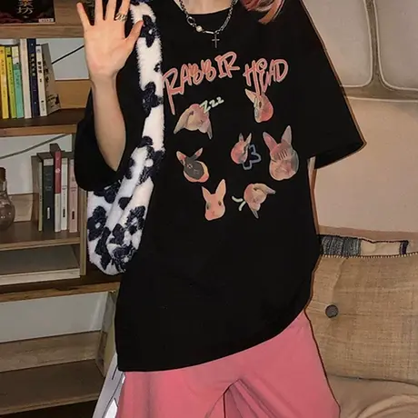 欧美复古短袖t恤女2021宽松韩版ins潮原宿风纯棉设计感小众上衣服商品大图