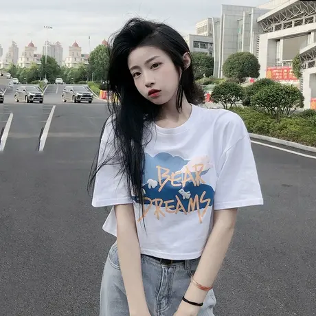 白色t恤女小个子夏季设计感小众甜美别致高腰短款短袖黑色上衣夏图片