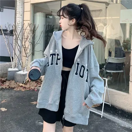 美式复古卫衣女2021新款宽松韩版bf慵懒风春秋薄款连帽外套潮ins商品大图