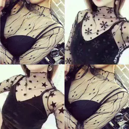 网纱打底衫女长袖春秋2023新款百搭紧身显瘦内搭高领纱衣薄款上衣商品大图