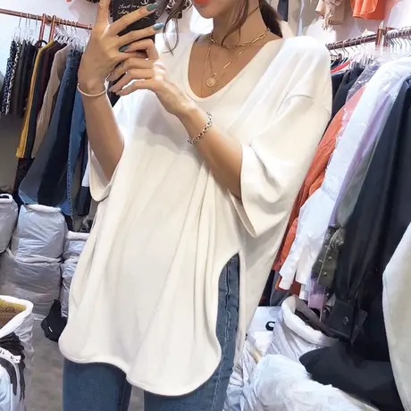 韩国东大门女装2020新款夏韩版宽松百搭开叉纯色V领五分袖t恤上衣商品大图