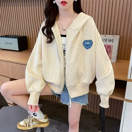 早秋连帽卫衣女春秋季韩版宽松大码慵懒风薄款小个子短款开衫外套图片