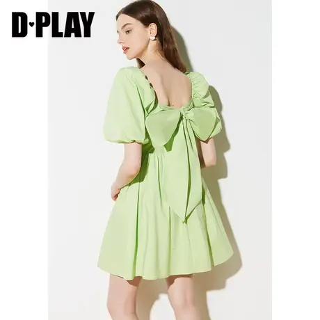DPLAY夏新法式宫廷风灯笼袖后背蝴蝶结果绿色沙滩裙连衣裙图片